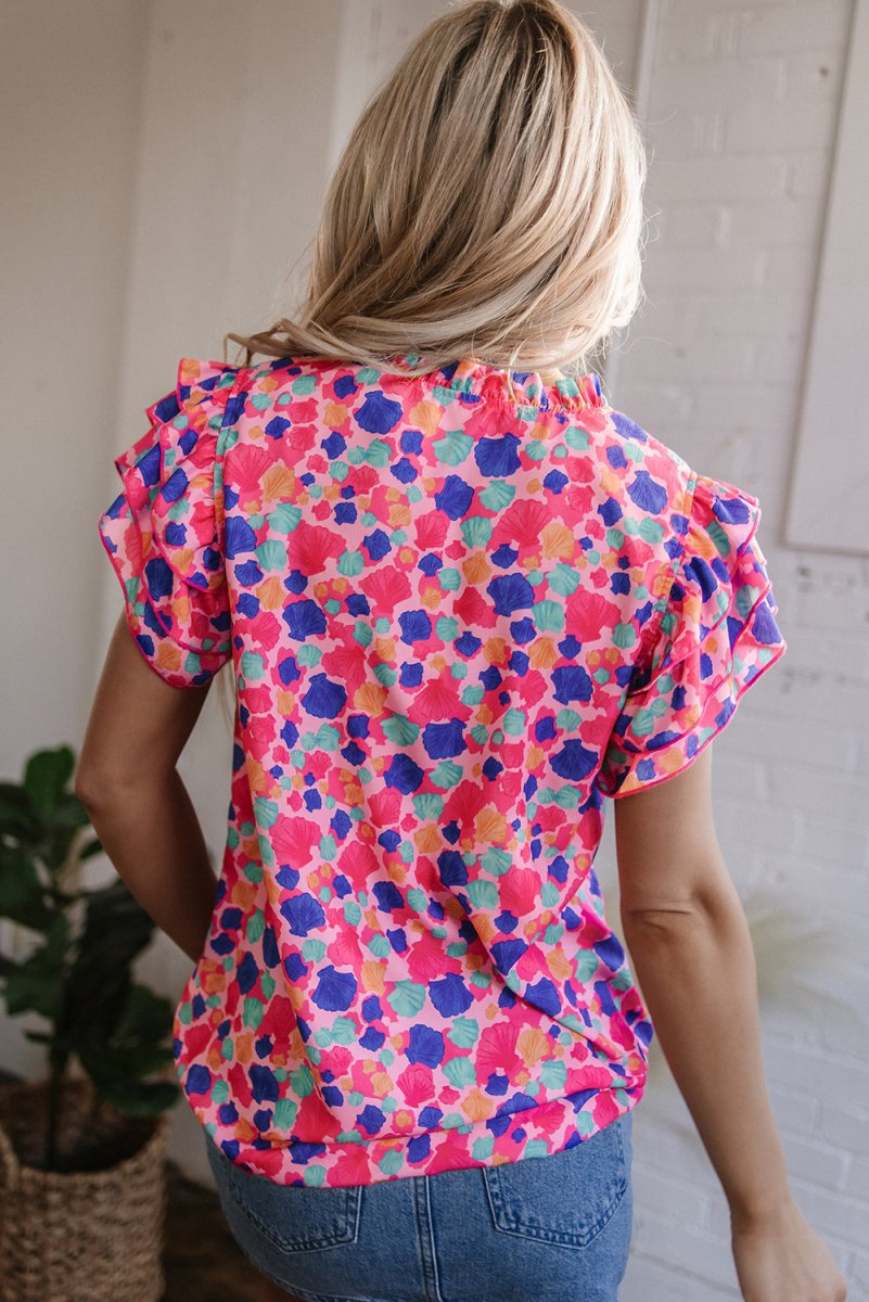 Rose Red Abstract Print Ruffled Sleeve V Neck Blouse for Women - Love Salve