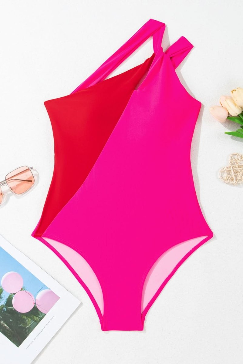 Rose Red Backless One Shoulder Two - Toned One Piece Swimsuit - Love Salve