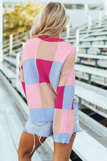 Rose Red Color Block Oversized Drop Shoulder Sweater - Love Salve 