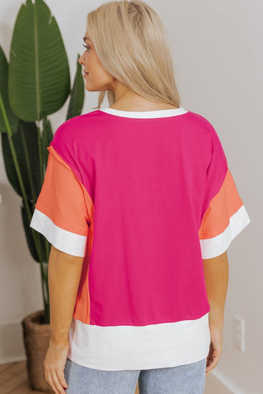 Rose Red Color Block Patchwork Side Slits Loose Fit T Shirt - Love Salve 