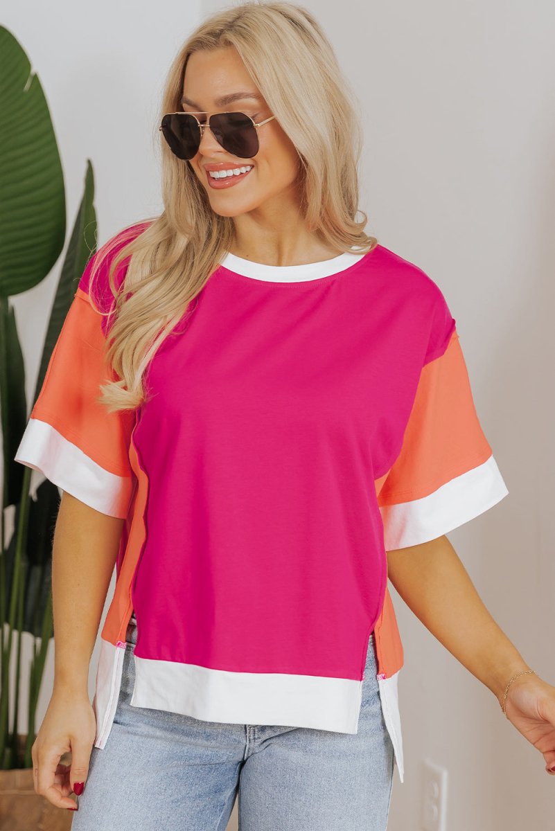 Rose Red Color Block Patchwork Side Slits Loose Fit T Shirt - Love Salve 