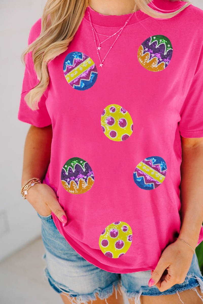 Rose Red Easter Eggs Patched Crew Neck Graphic Tee for Spring - Love Salve 