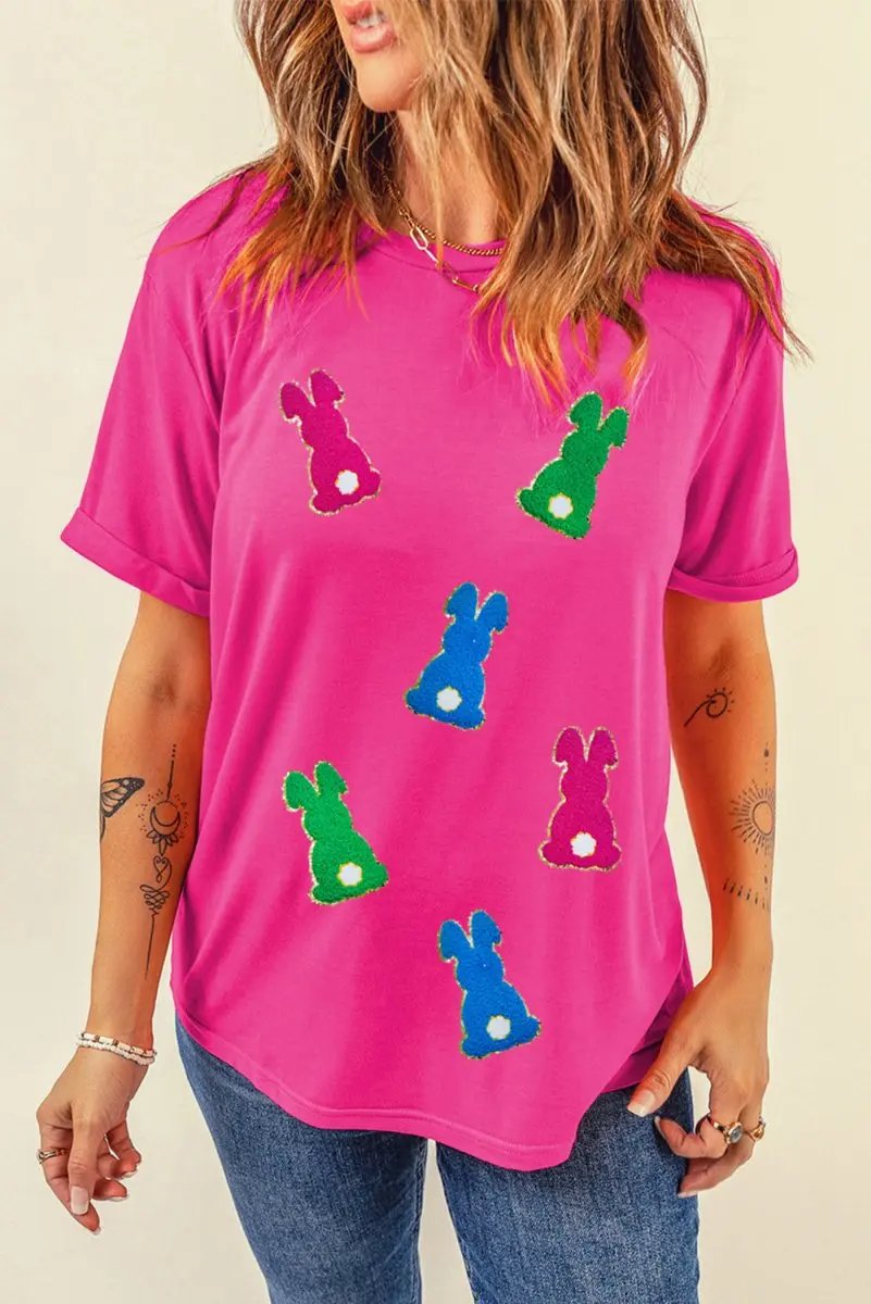 Rose Red Easter Rabbit Chenille Patched Pattern Crew Neck Tee - Love Salve 