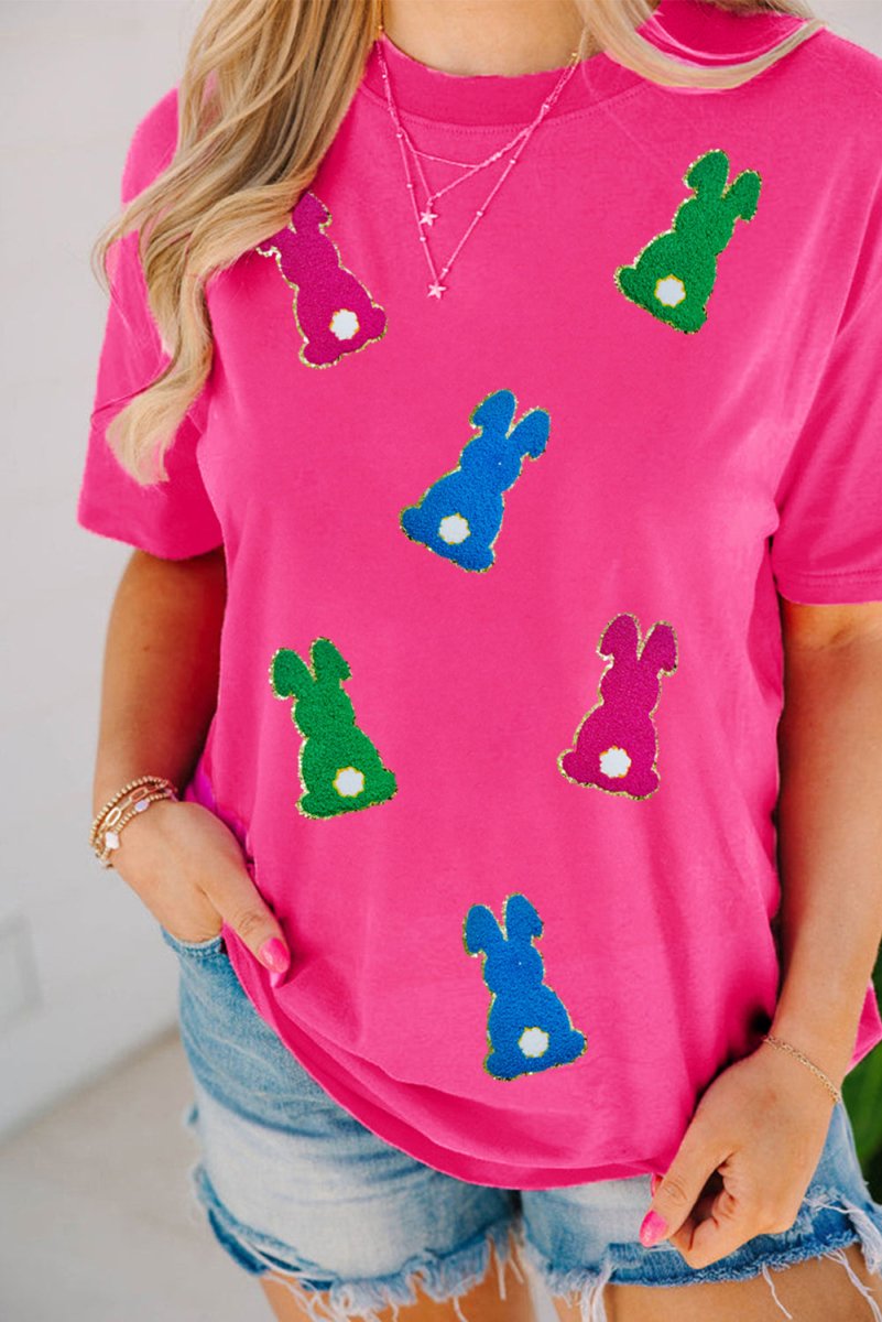 Rose Red Easter Rabbit Chenille Patched Pattern Crew Neck Tee - Love Salve 