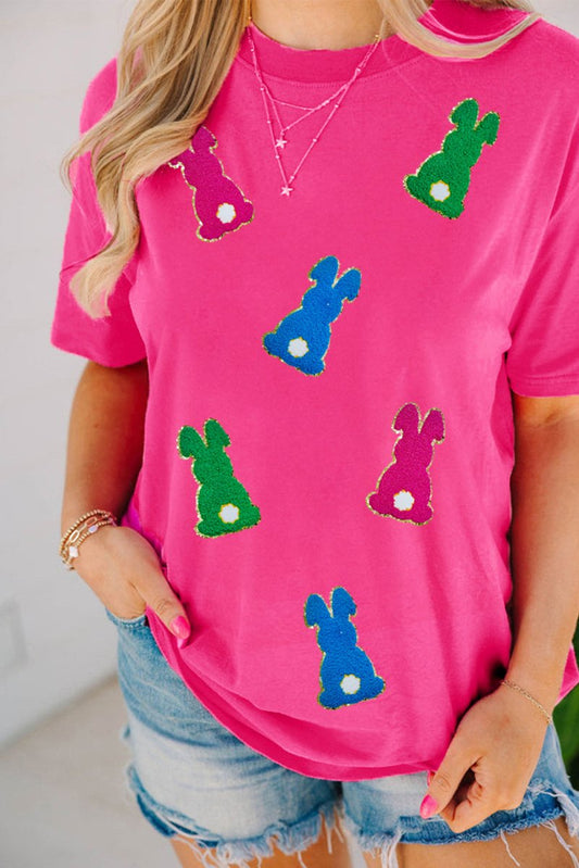 Rose Red Easter Rabbit Chenille Patched Pattern Crew Neck Tee - Love Salve 
