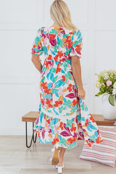 Rose Red Floral Knot Puff Sleeve V Neck Buttoned Dress - Love Salve 