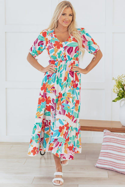 Rose Red Floral Knot Puff Sleeve V Neck Buttoned Dress - Love Salve 