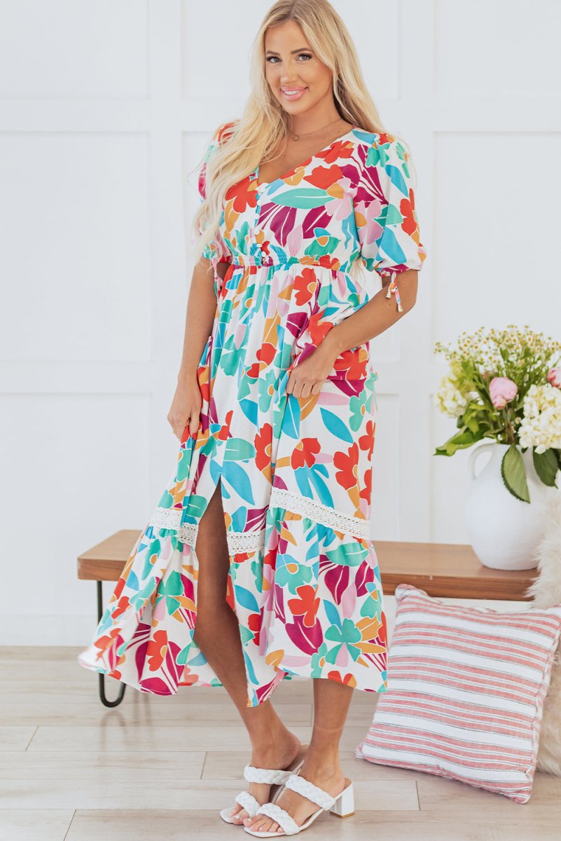 Rose Red Floral Knot Puff Sleeve V Neck Buttoned Dress - Love Salve 