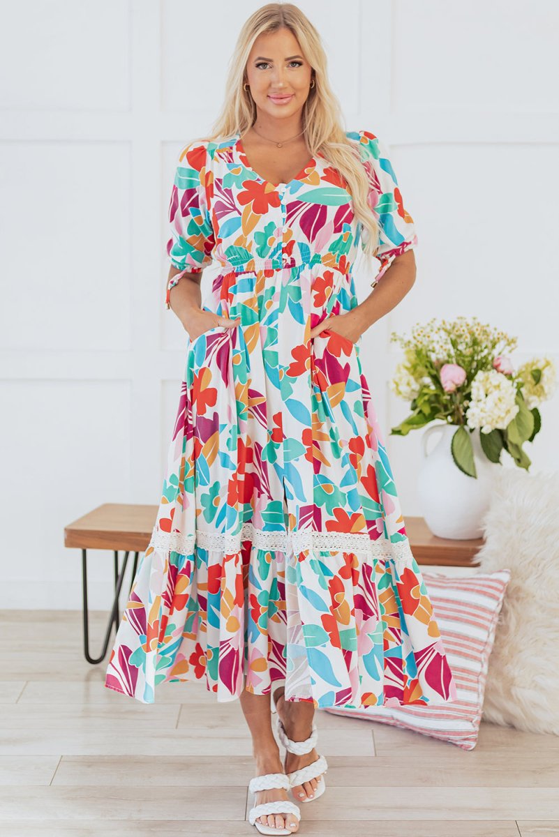 Rose Red Floral Knot Puff Sleeve V Neck Buttoned Dress - Love Salve 