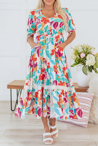 Rose Red Floral Knot Puff Sleeve V Neck Buttoned Dress - Love Salve 