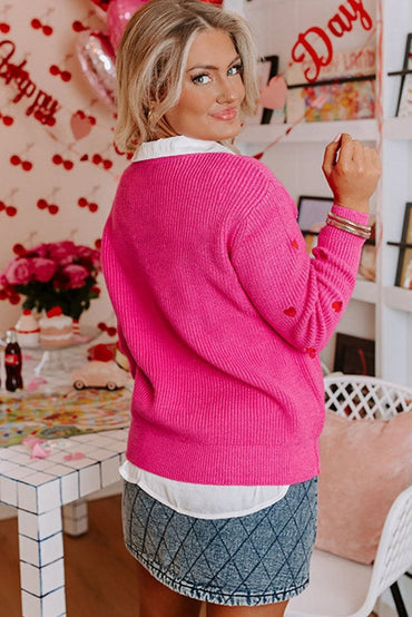 Rose Red Heart Shape Drop Shoulder Round Neck Sweater - Love Salve 