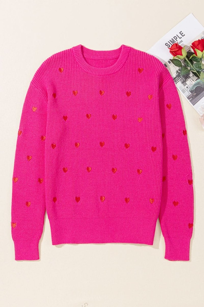 Rose Red Heart Shape Drop Shoulder Round Neck Sweater - Love Salve 