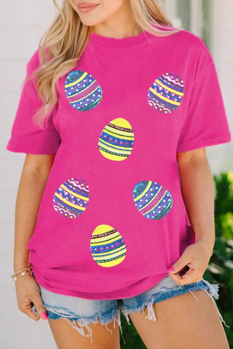 Rose Red Sequin Easter Egg Graphic Casual T Shirt for Women - Love Salve 