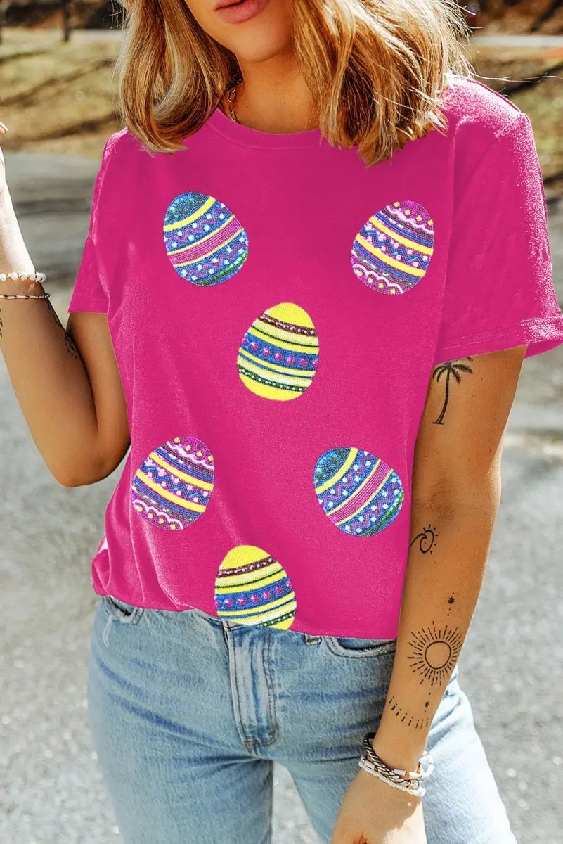 Rose Red Sequin Easter Egg Graphic Casual T Shirt for Women - Love Salve 