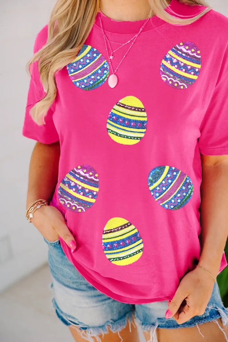 Rose Red Sequin Easter Egg Graphic Casual T Shirt for Women - Love Salve 