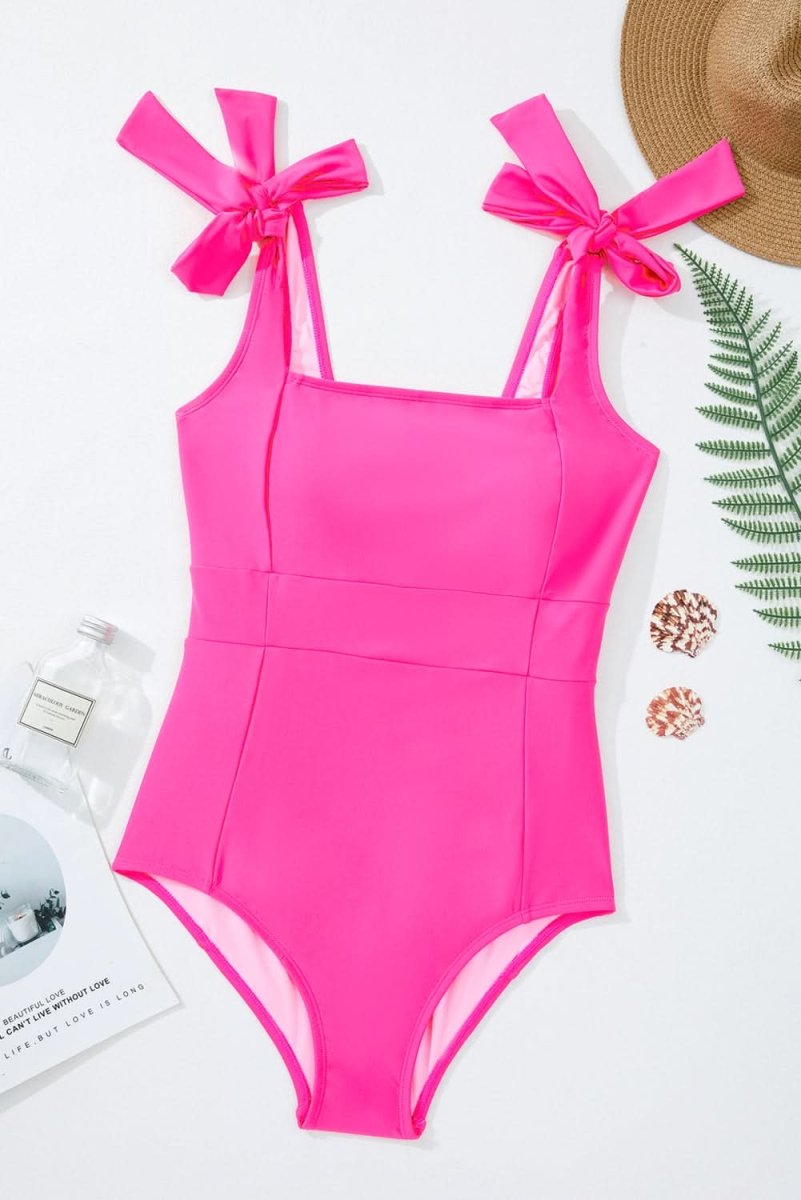 Rose Red Square Neck Knotted Shoulder Open Back Swimsuit - Love Salve 