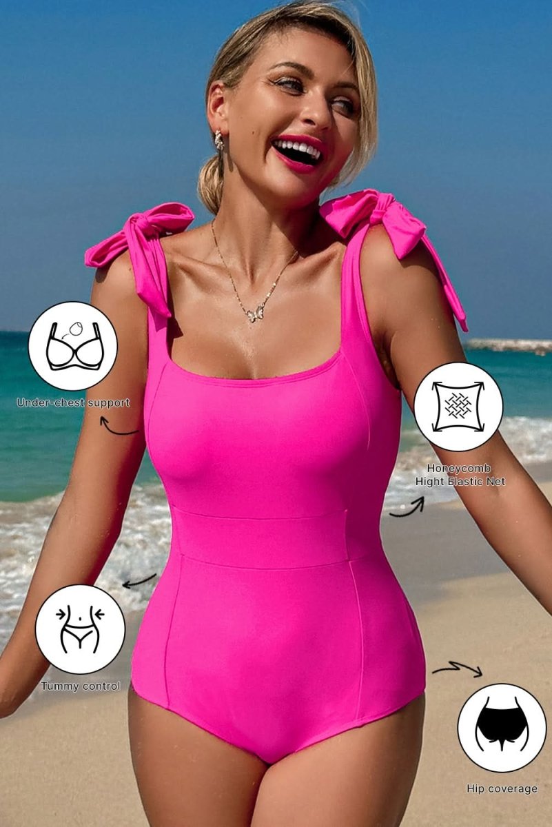 Rose Red Square Neck Knotted Shoulder Open Back Swimsuit - Love Salve 