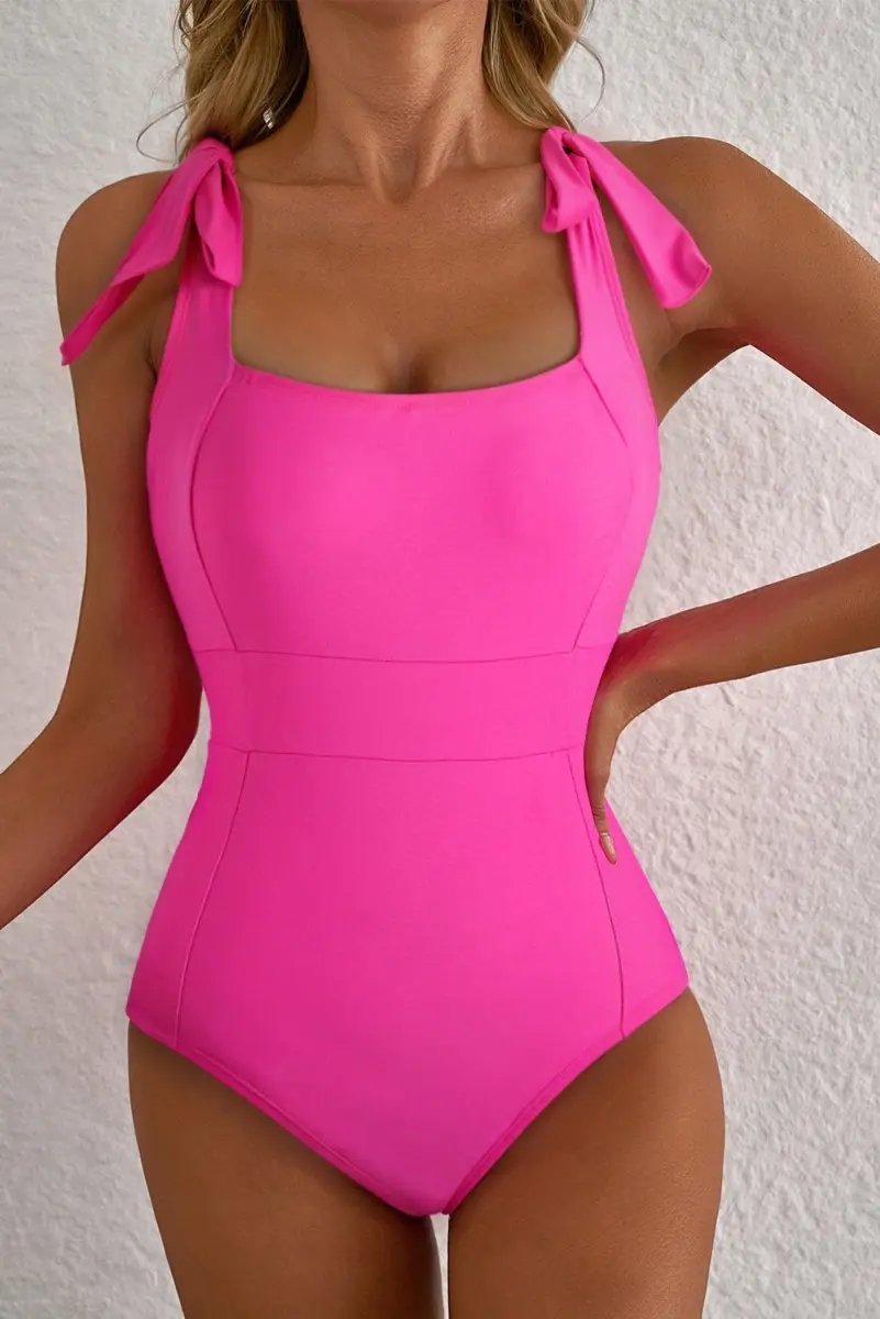 Rose Red Square Neck Knotted Shoulder Open Back Swimsuit - Love Salve 