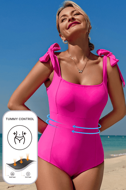 Rose Red Square Neck Knotted Shoulder Open Back Swimsuit - Love Salve 