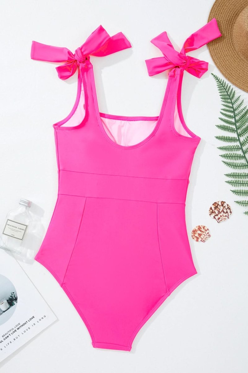 Rose Red Square Neck Knotted Shoulder Open Back Swimsuit - Love Salve 