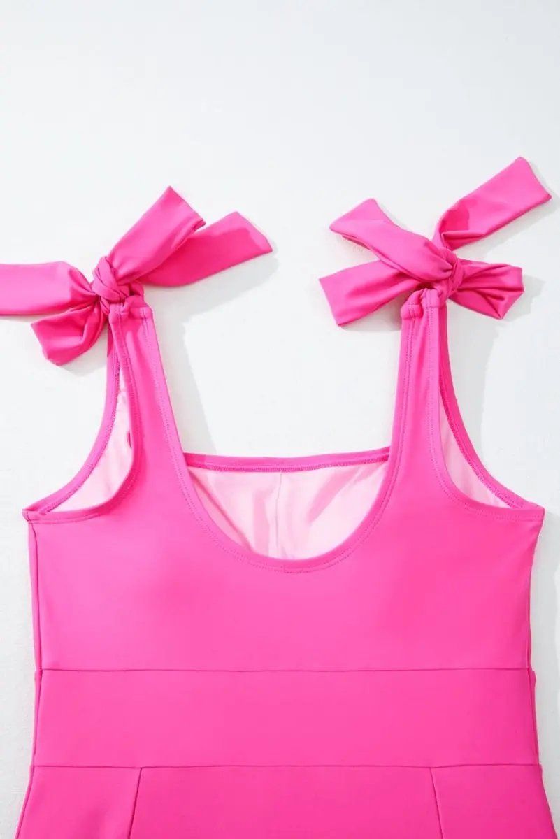 Rose Red Square Neck Knotted Shoulder Open Back Swimsuit - Love Salve 