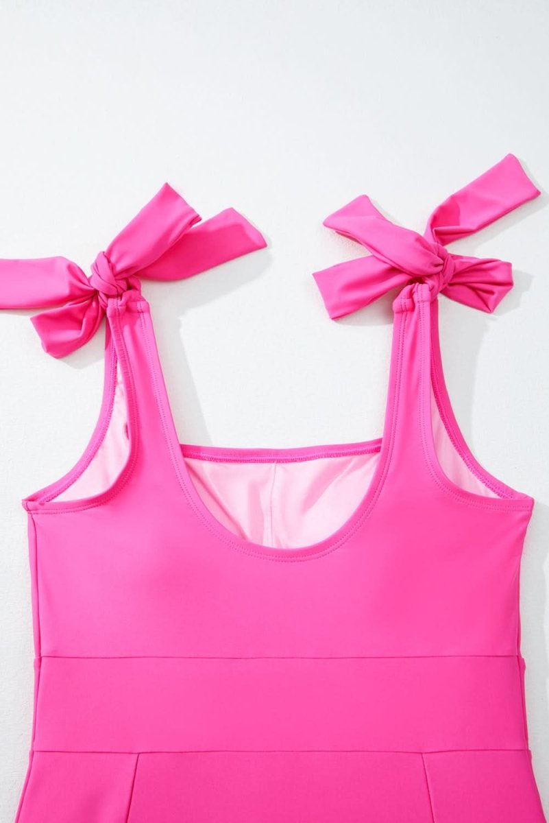 Rose Red Square Neck Knotted Shoulder Open Back Swimsuit - Love Salve 