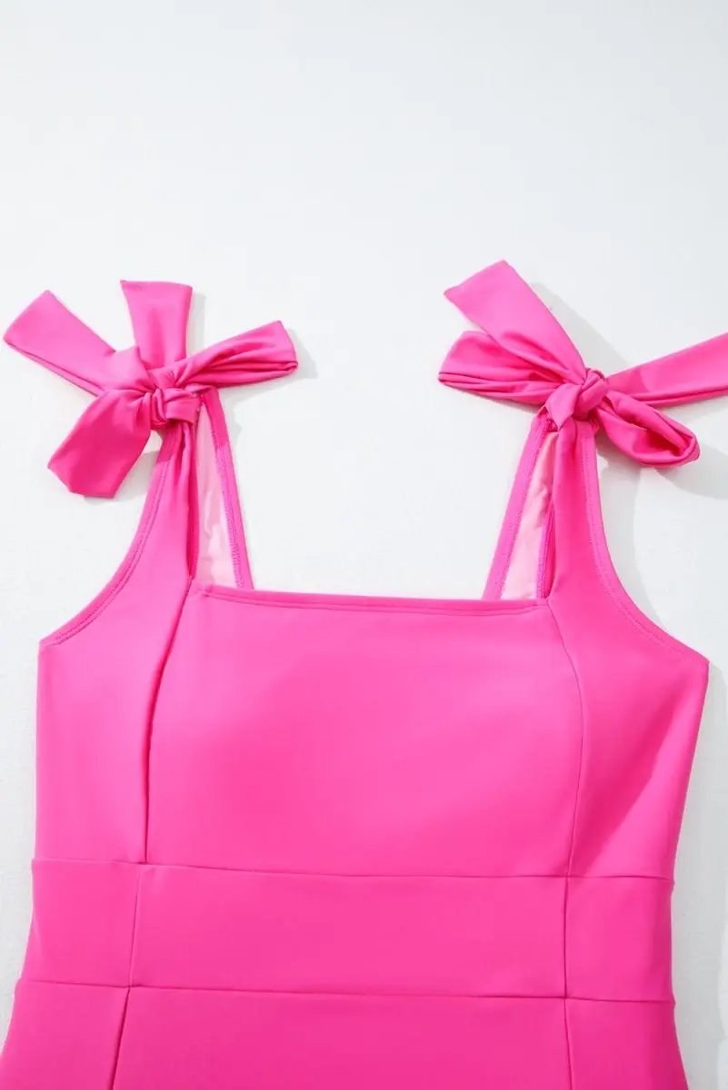 Rose Red Square Neck Knotted Shoulder Open Back Swimsuit - Love Salve 