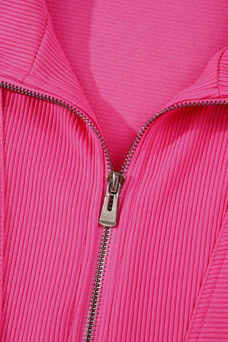 Rose Red Textured Short Sleeve Half Zip Drawstring Romper - Love Salve 