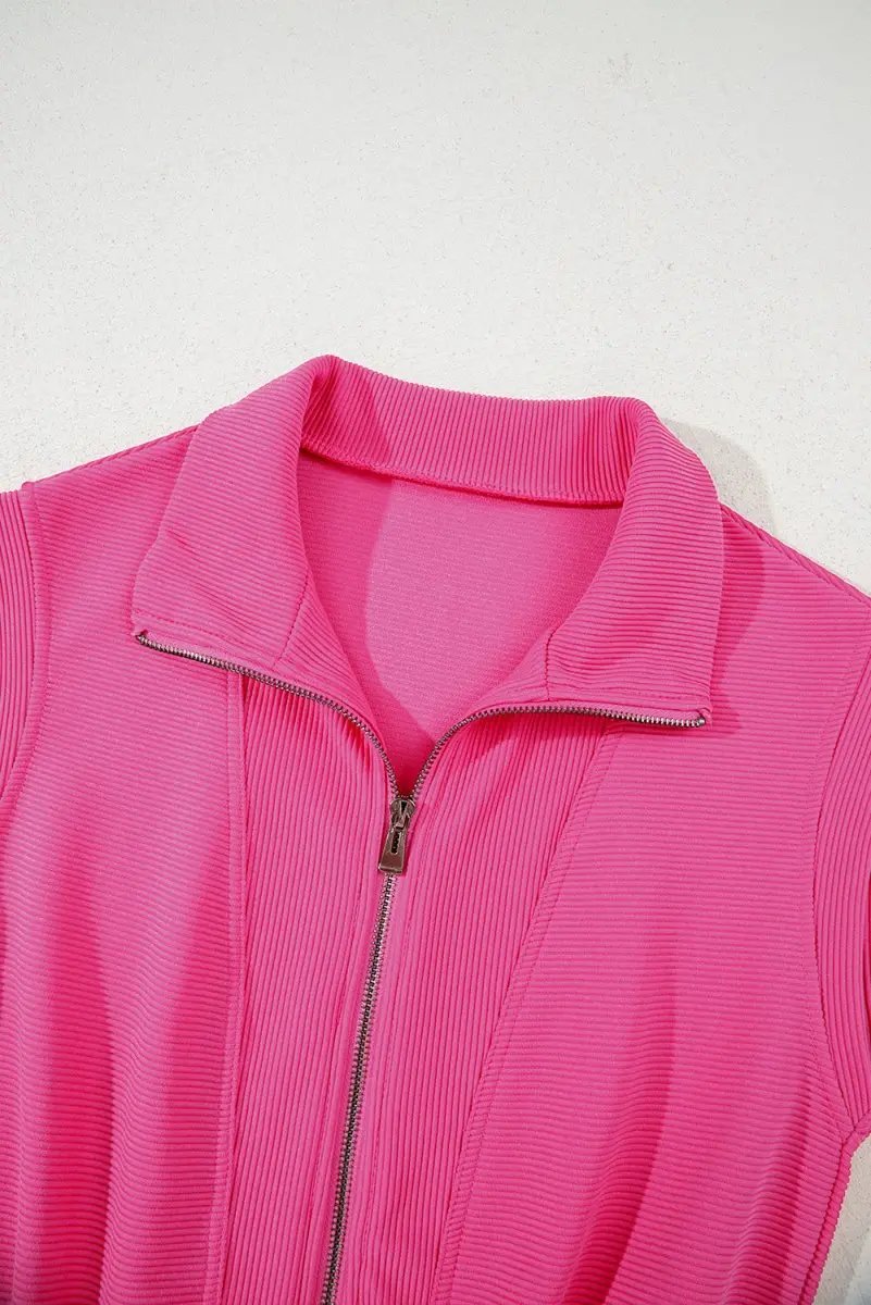 Rose Red Textured Short Sleeve Half Zip Drawstring Romper - Love Salve 