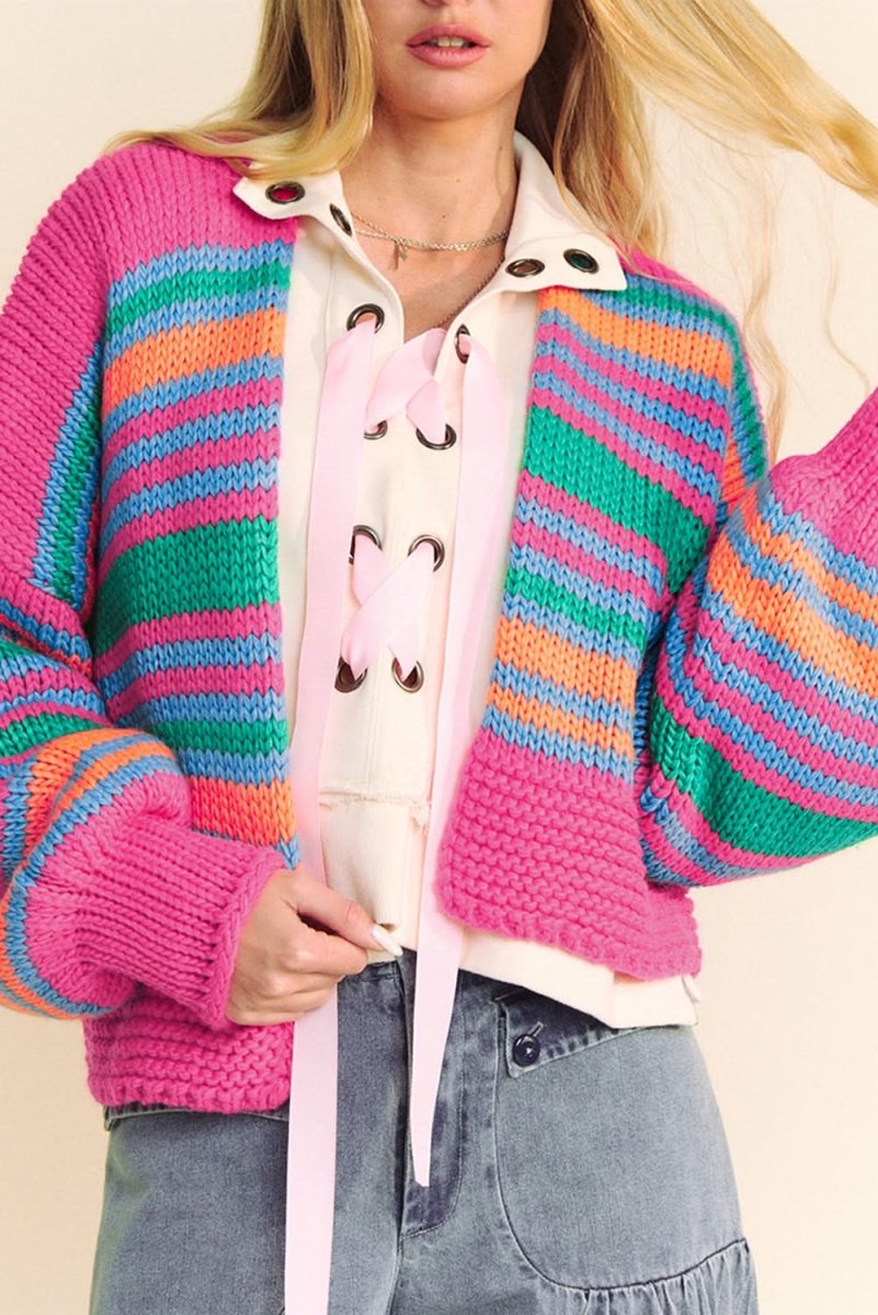 Rose Stripe Colorful Puff Sleeve Drop Shoulder Loose Cardigan - Love Salve 
