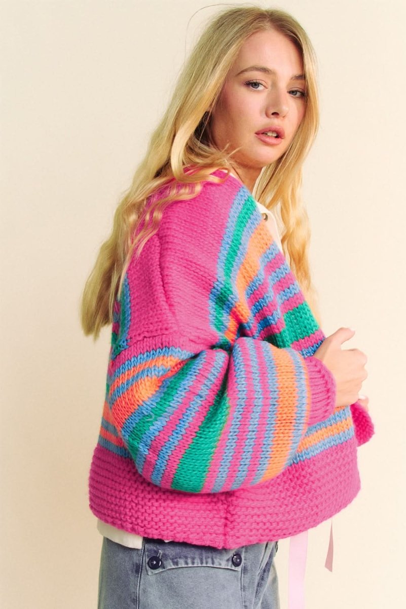 Rose Stripe Colorful Puff Sleeve Drop Shoulder Loose Cardigan - Love Salve 