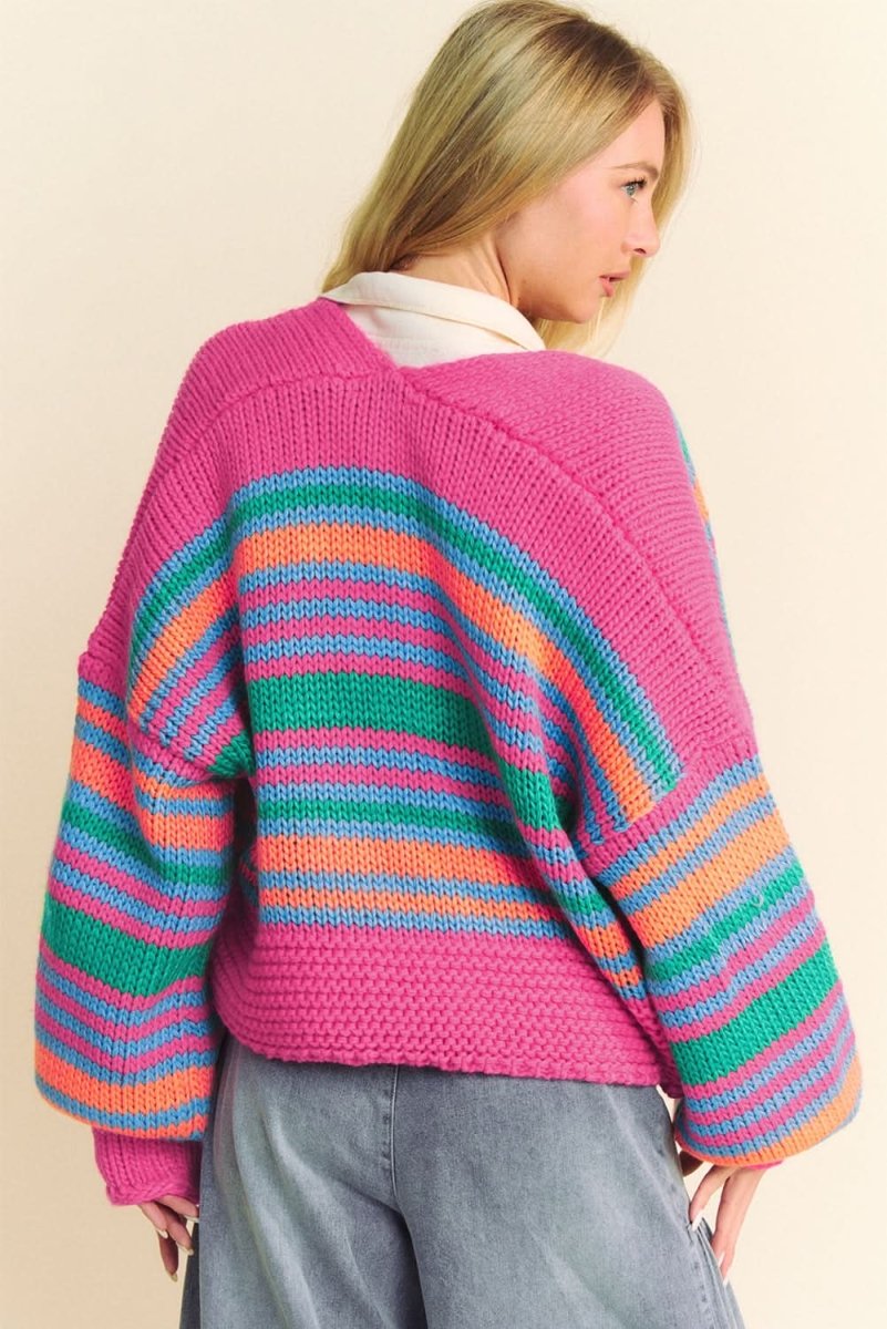 Rose Stripe Colorful Puff Sleeve Drop Shoulder Loose Cardigan - Love Salve 