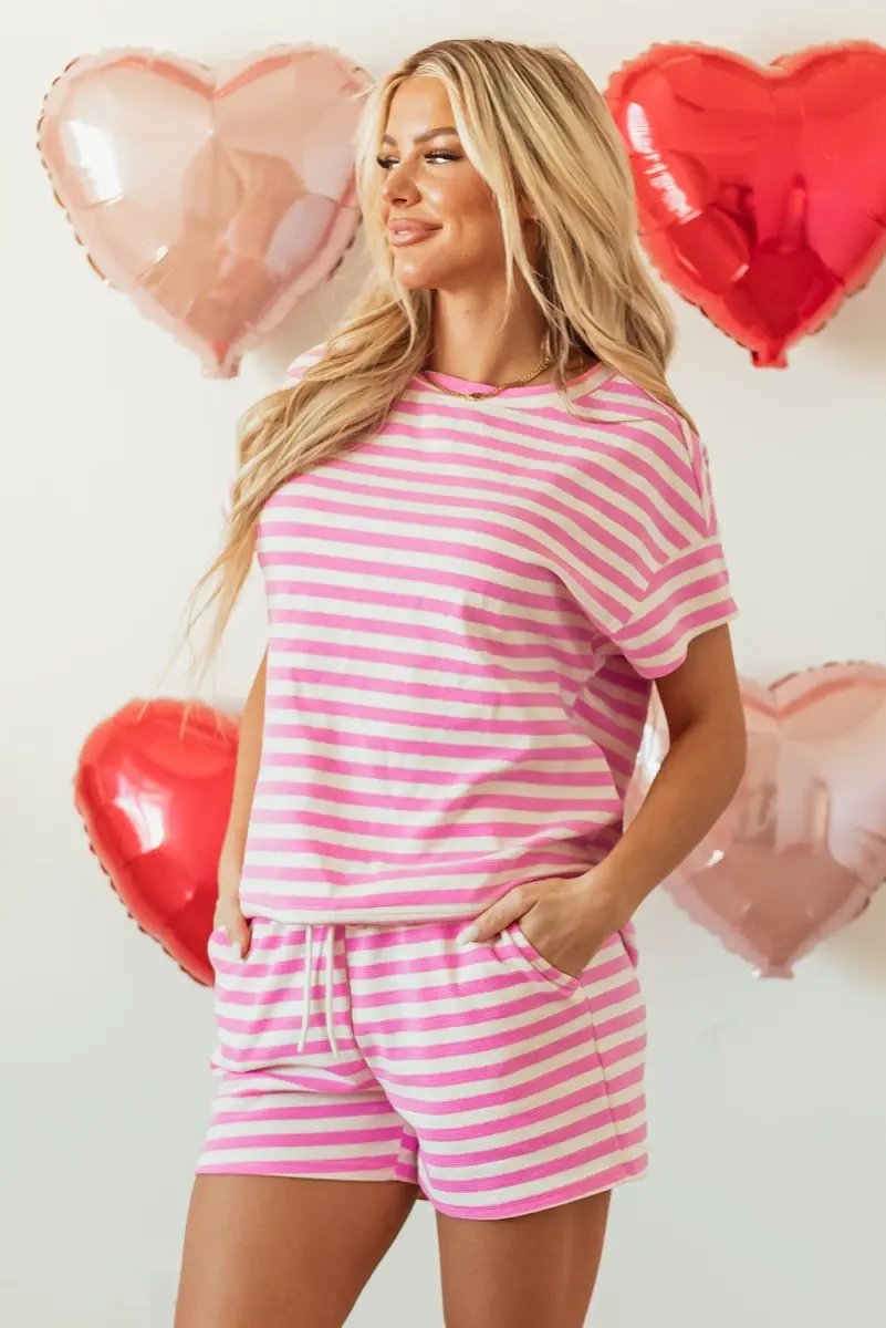 Rose Stripe Crew Neck T Shirt and Drawstring Shorts Set - Love Salve 