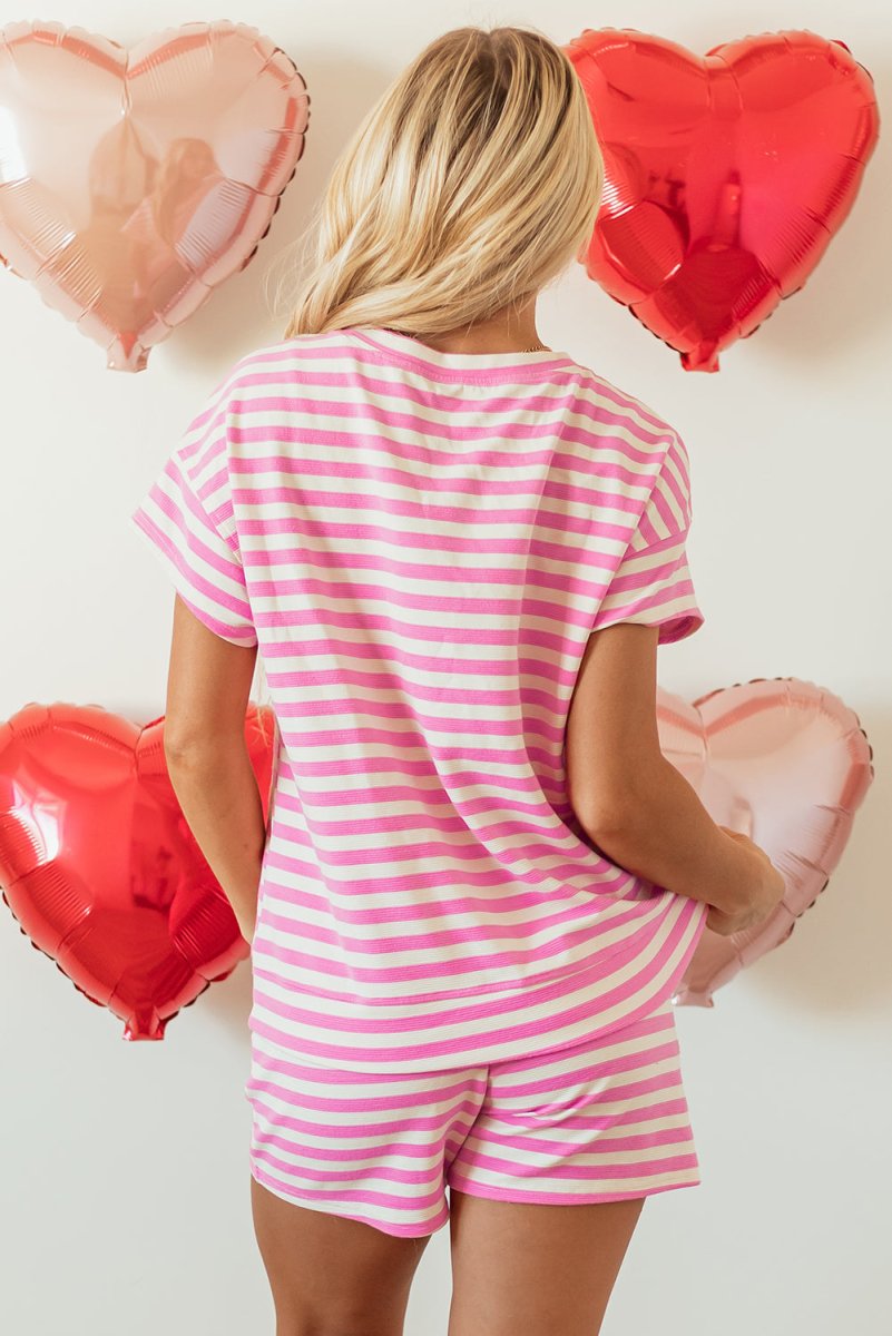Rose Stripe Crew Neck T Shirt and Drawstring Shorts Set - Love Salve 