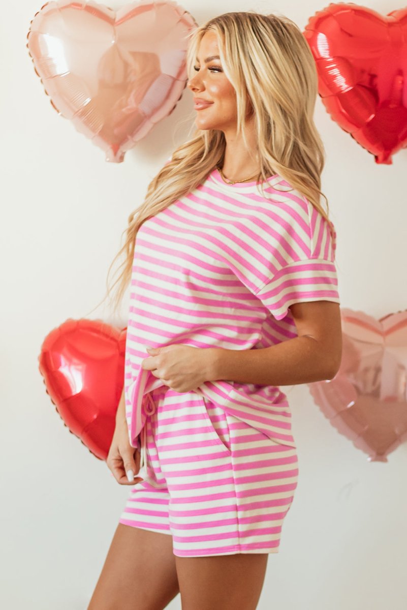 Rose Stripe Crew Neck T Shirt and Drawstring Shorts Set - Love Salve 