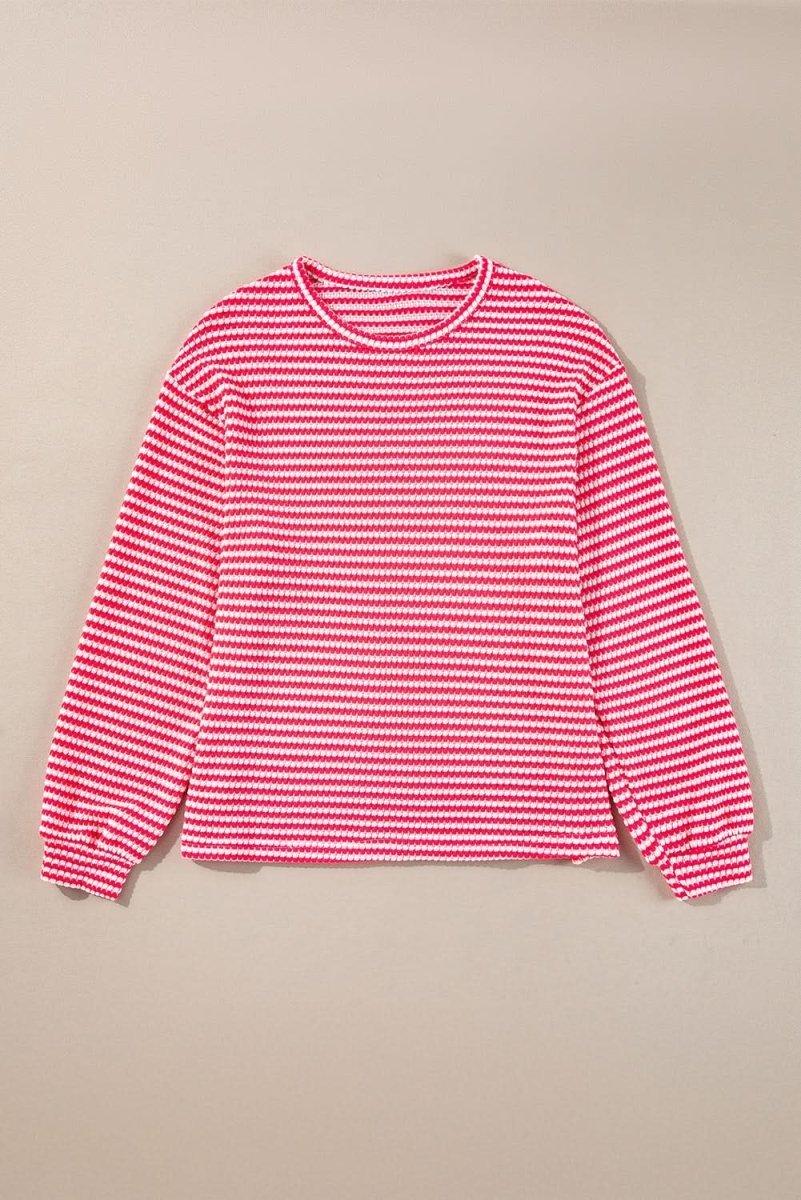 Rose Stripe Round Neck Drop Shoulder Long Sleeve Top - Love Salve