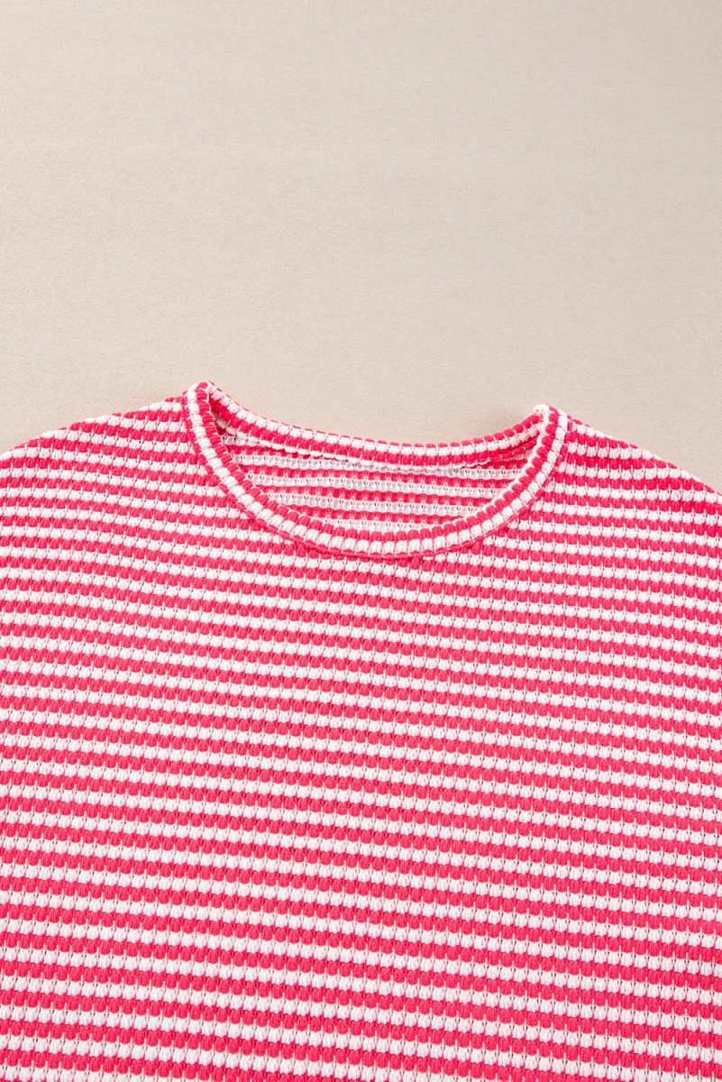 Rose Stripe Round Neck Drop Shoulder Long Sleeve Top - Love Salve