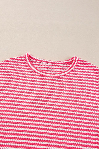 Rose Stripe Round Neck Drop Shoulder Long Sleeve Top - Love Salve