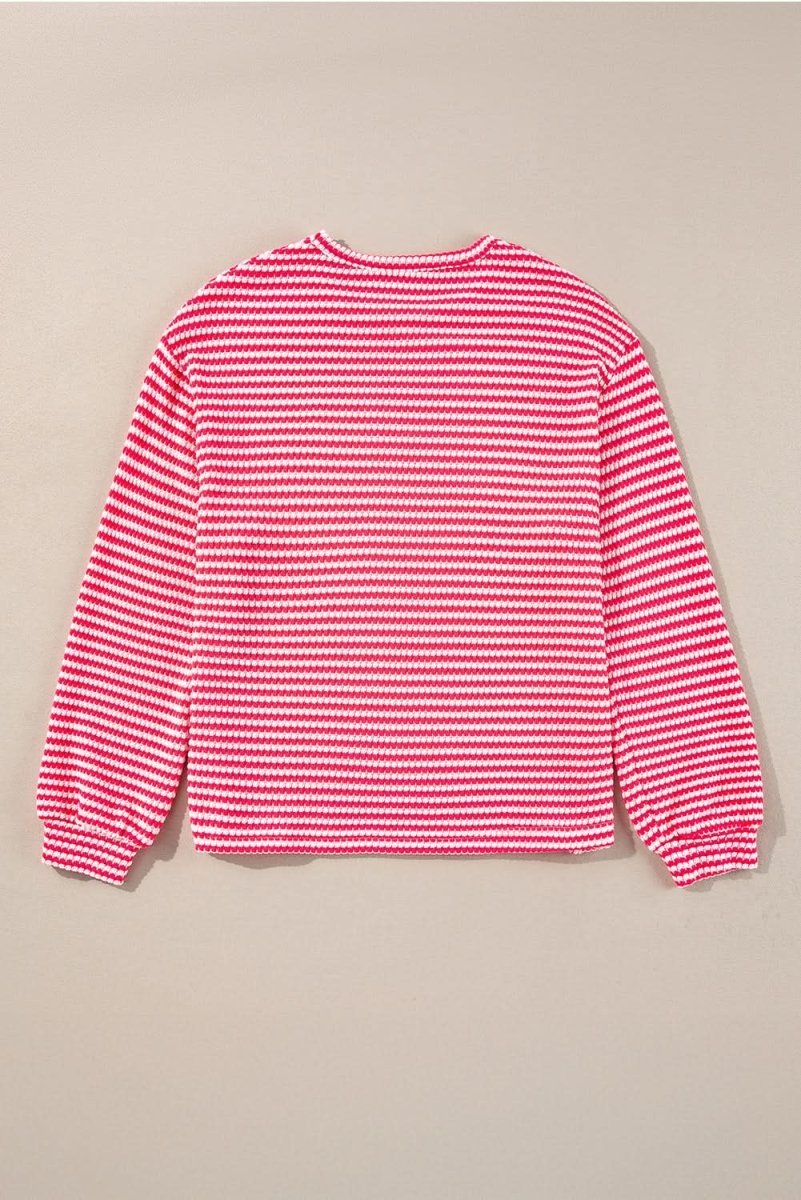 Rose Stripe Round Neck Drop Shoulder Long Sleeve Top - Love Salve