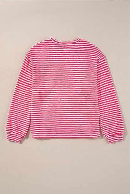 Rose Stripe Round Neck Drop Shoulder Long Sleeve Top - Love Salve