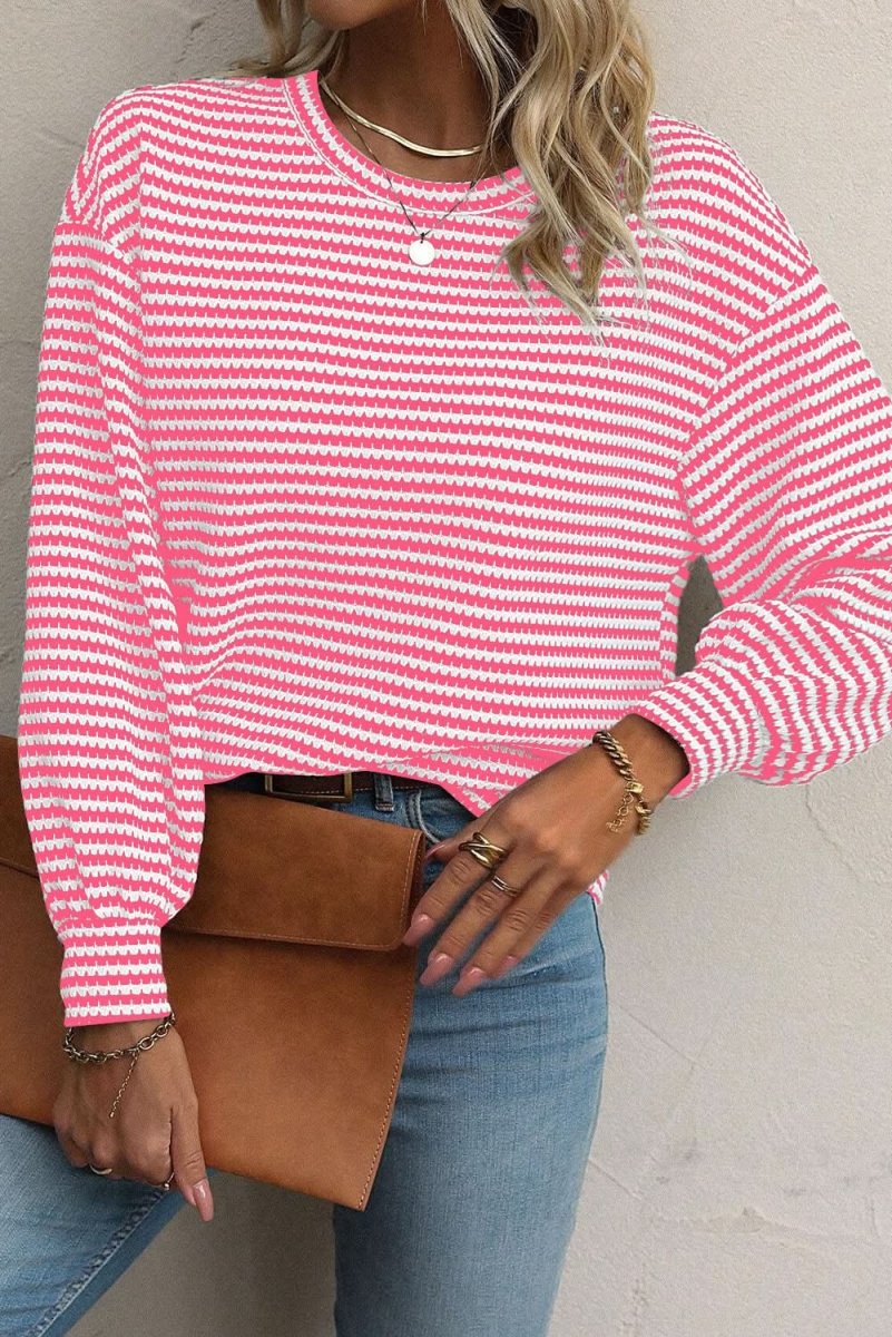 Rose Stripe Round Neck Drop Shoulder Long Sleeve Top - Love Salve