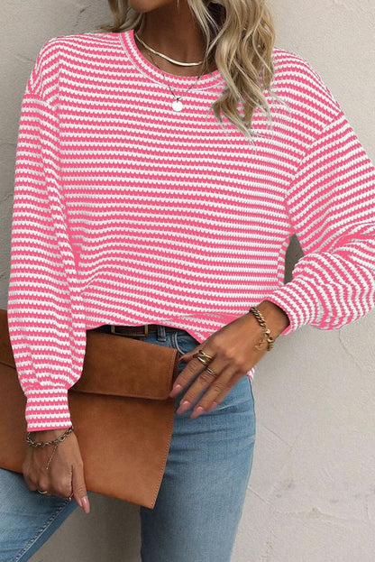 Rose Stripe Round Neck Drop Shoulder Long Sleeve Top - Love Salve