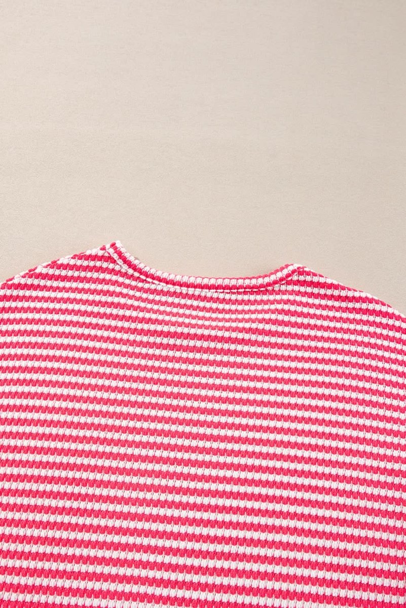 Rose Stripe Round Neck Drop Shoulder Long Sleeve Top - Love Salve