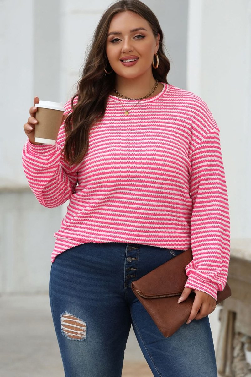 Rose Stripe Round Neck Drop Shoulder Long Sleeve Top - Love Salve