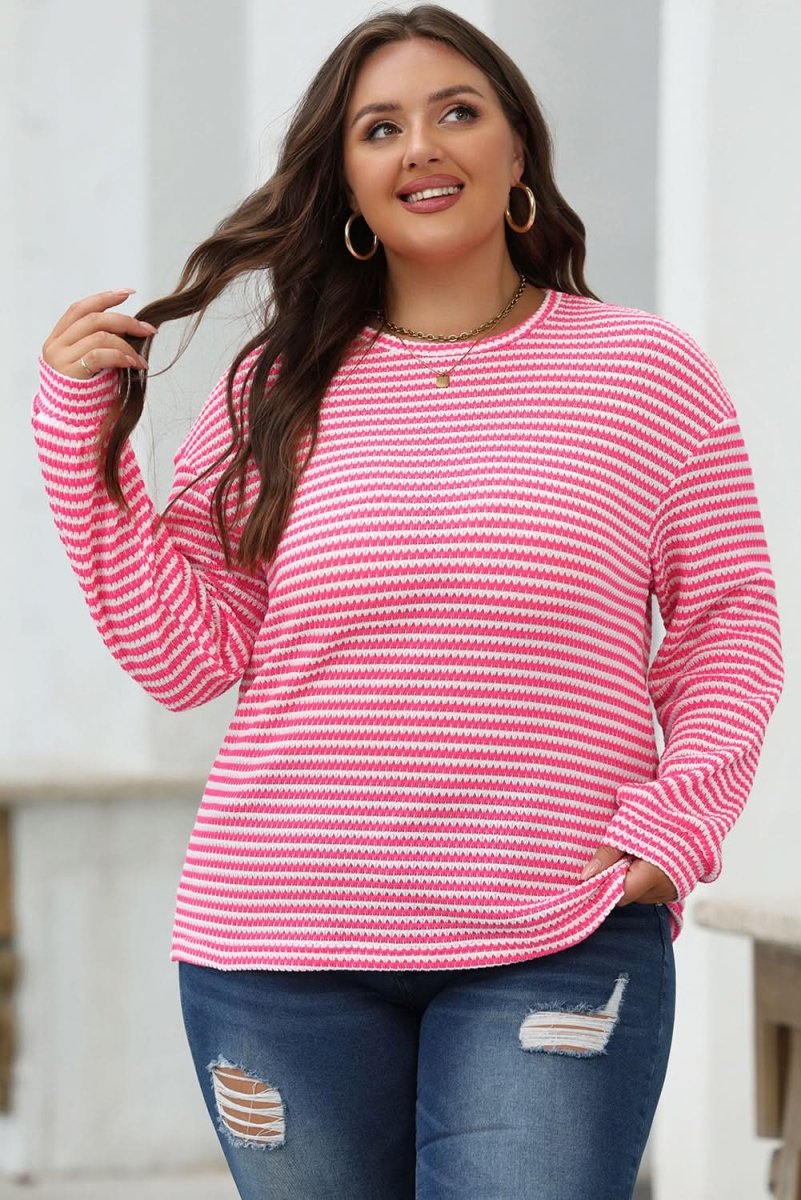 Rose Stripe Round Neck Drop Shoulder Long Sleeve Top - Love Salve