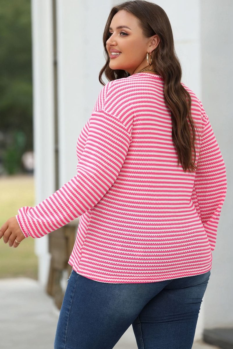 Rose Stripe Round Neck Drop Shoulder Long Sleeve Top - Love Salve