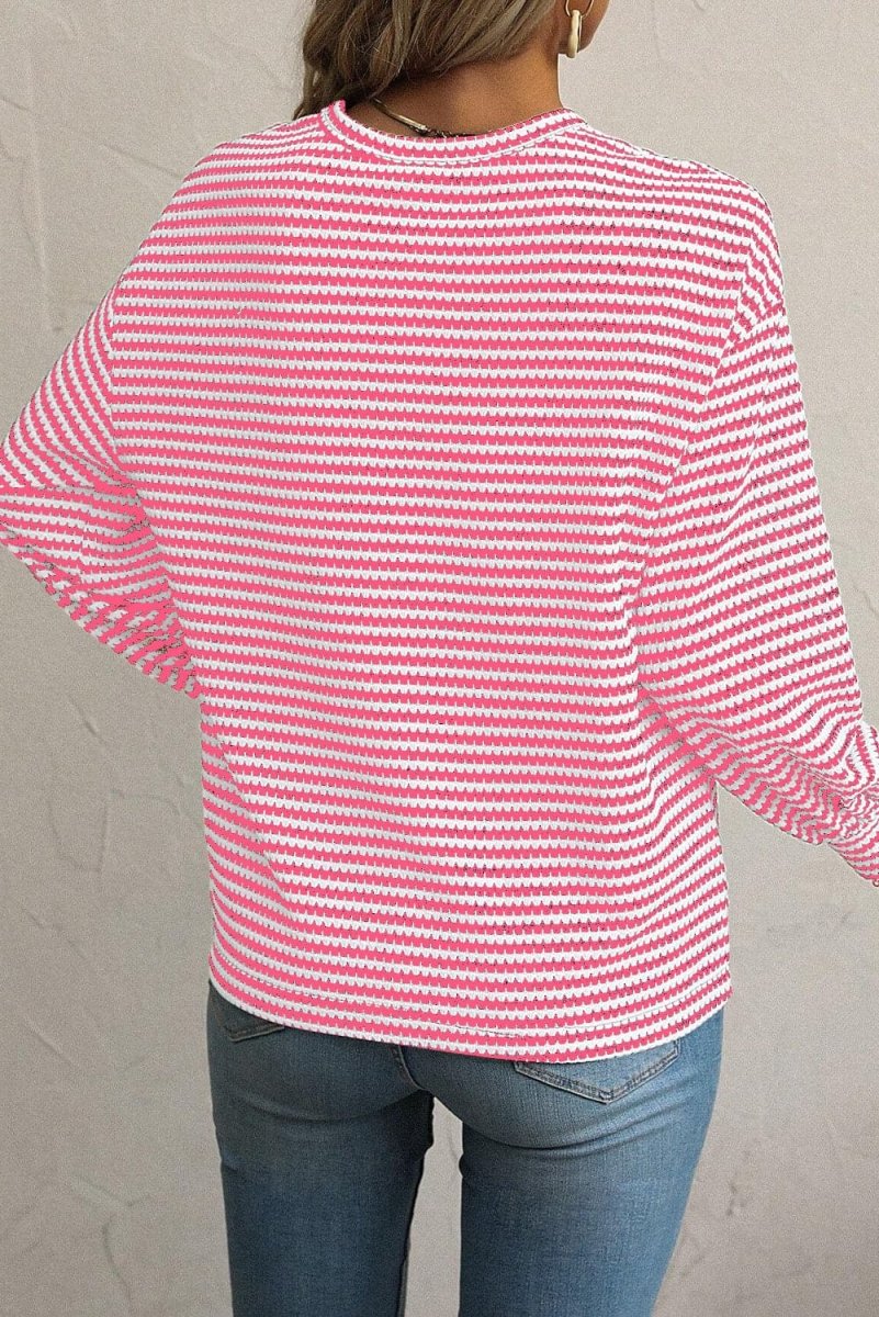 Rose Stripe Round Neck Drop Shoulder Long Sleeve Top - Love Salve