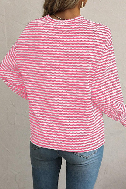 Rose Stripe Round Neck Drop Shoulder Long Sleeve Top - Love Salve