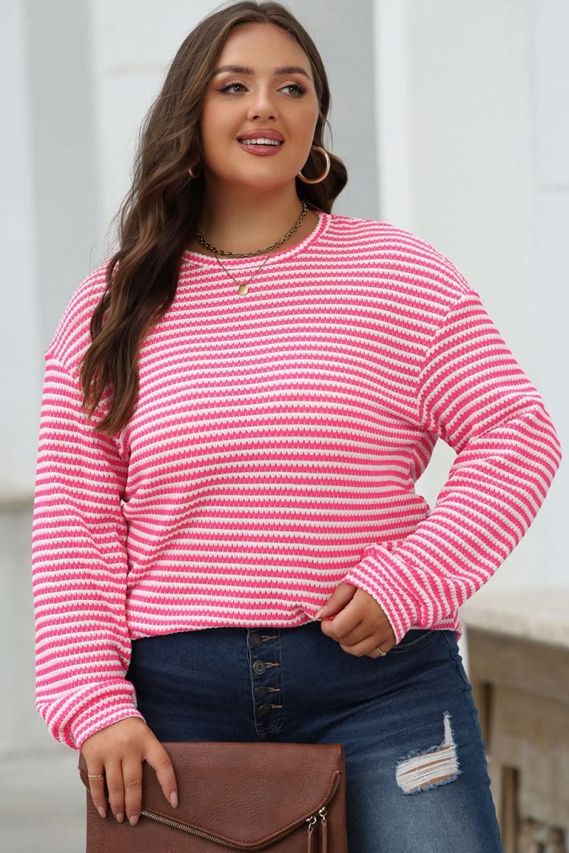 Rose Stripe Round Neck Drop Shoulder Long Sleeve Top - Love Salve