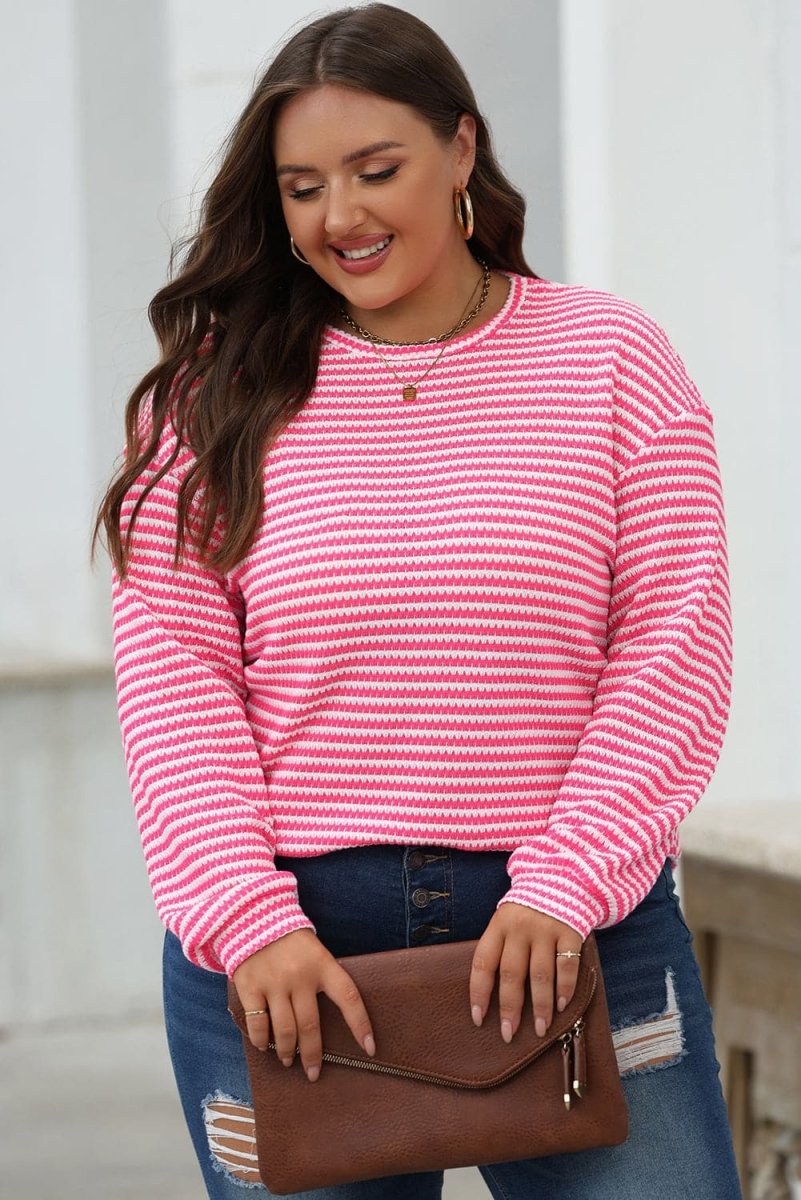 Rose Stripe Round Neck Drop Shoulder Long Sleeve Top - Love Salve